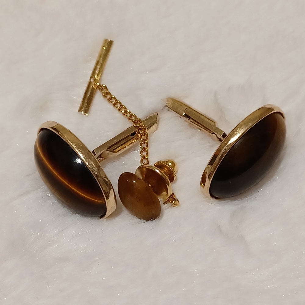 Vintage 12/20 Gold Filled Tiger Eye Jewelry Cufflink & Tie Pin Set by JAGUAR